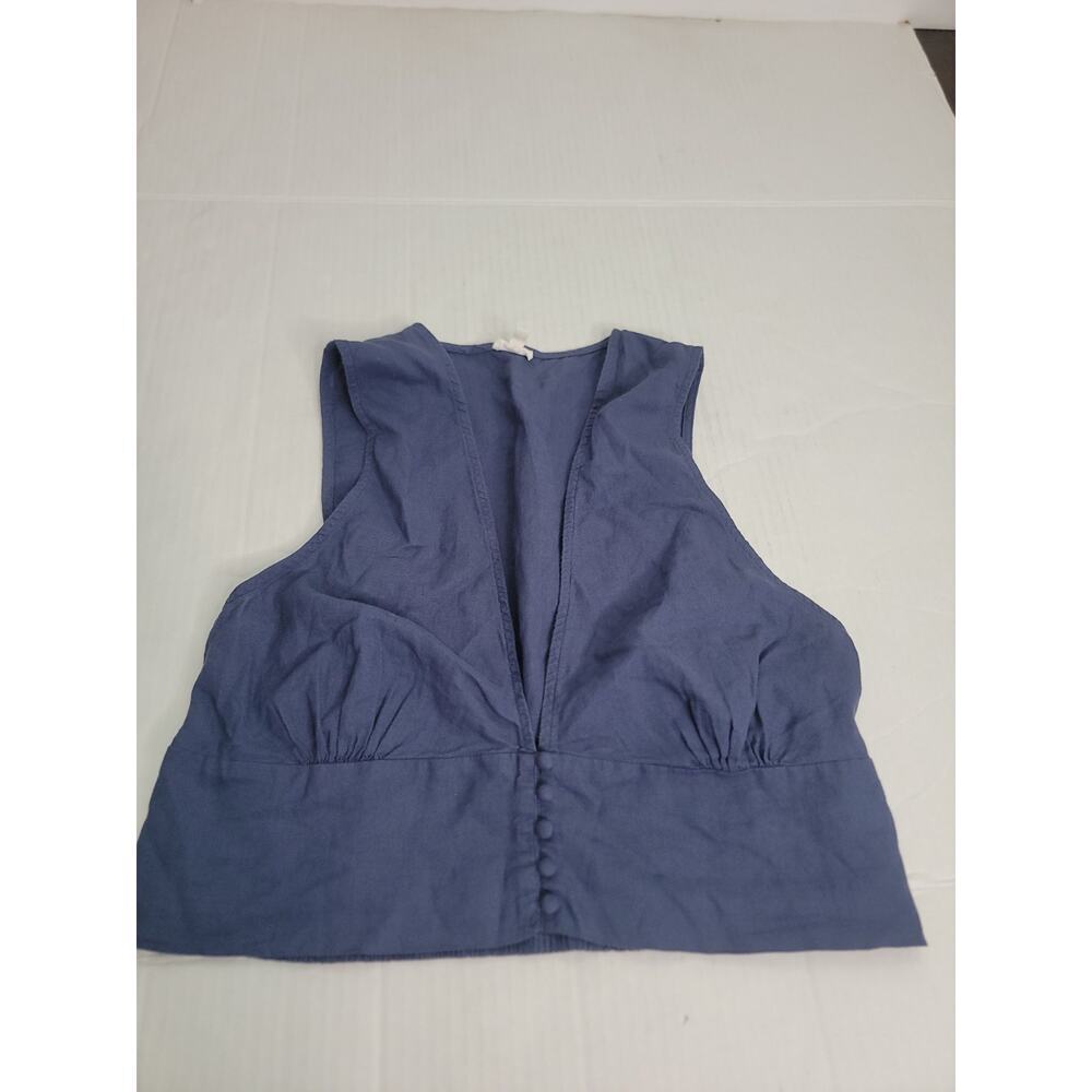 Aerie Cropped Shirt Sz XL Linen Blend Blue Gray V Neck Sleeveless Button Up Vest